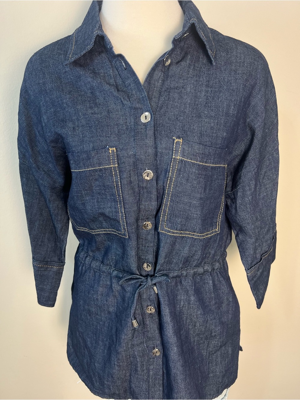 Zara Denim Button Front Blouse Drawstring Waist Cotton Linen Blend Size S NWT - Picture 4 of 10